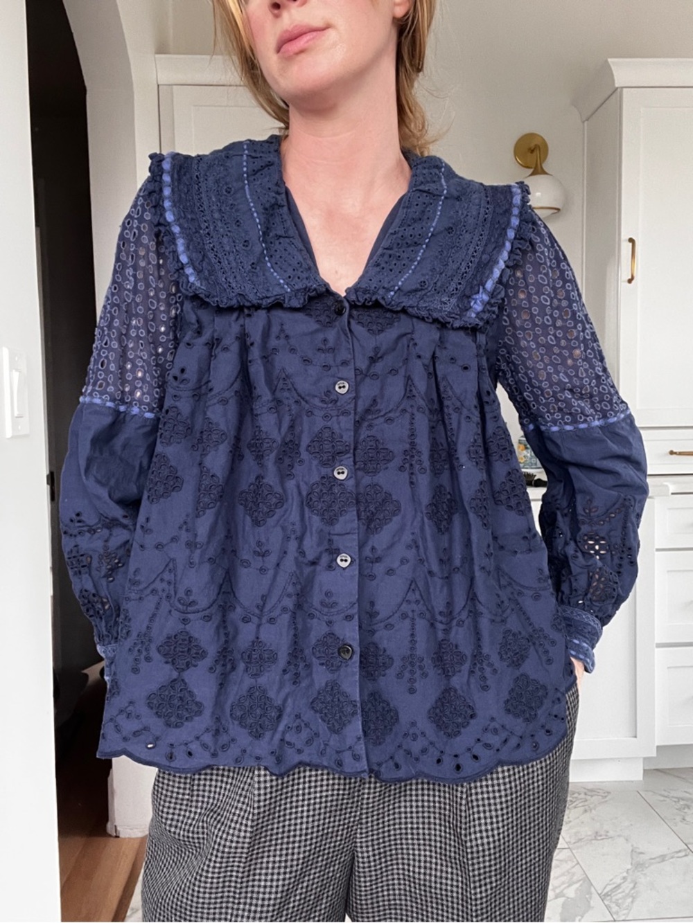 Navy eyelet Button-Front Blouse with Statement Collar